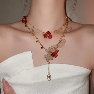 Vintage Flower Pendant Necklace With Acrylic Chiffon Petals And Resin Beads Gold Alloy Clavicle Chain For Women