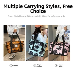 Detailed views of multi-pattern travel bags showing three different ways to carry and style