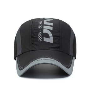 Quick-dry black mesh baseball cap with DIN logo and breathable side vents for outdoor sports