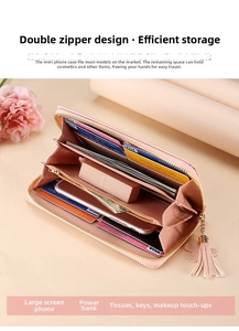 Detail view of pink leather long wallet showing multi-slot interior for phone and cards