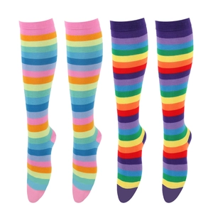 Two pairs of colorful rainbow striped knee-high cotton socks for cosplay and parties
