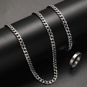 Stainless Steel Cuban Link Chain Necklace Bracelet Plain Band Ring Hip Hop Style Silver Color Jewelry For Men Women
