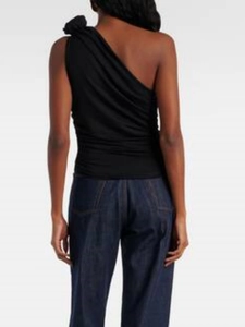 Schwarzes One-Shoulder-Top für Damen mit 3D-Blumenverzierung und engem Schnitt