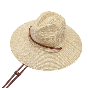 Straw sun hat with leather strap and wide brim for beach vacation, shown at 45-degree angle