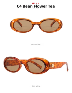 Detail view of oval tortoiseshell sunglasses with brown lenses and golden metal logo