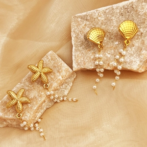 18K gold plated starfish and shell earrings with white pearl tassels on stone
