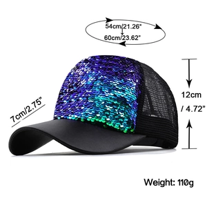 Gradient sequin baseball cap for women with size measurements on white background