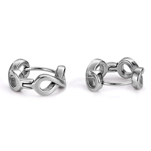 Minimalist silver interlocking figure-eight stud earrings in polished stainless steel