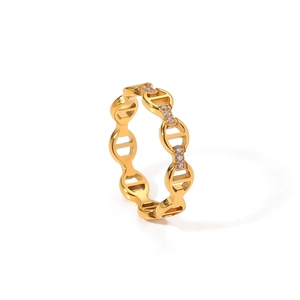 Gold chain ring with cubic zirconia accents in a 45-degree side view perspective