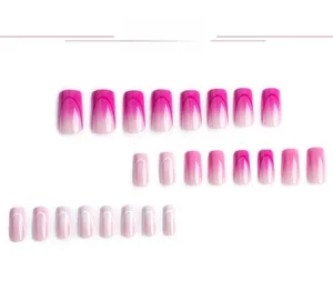 Detail of 24pcs pink and purple gradient press-on nails with white French tip design