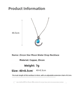 Detail view of zircon star moon pendant with copper chain dimensions and necklace weight