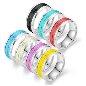 Luminous heart pulse pattern stainless steel rings in multiple vibrant colors for couples