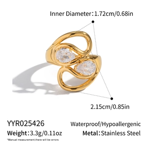 Detailed dimensions of 18K gold-plated stainless steel ring with pear-cut cubic zirconia