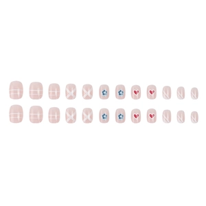 Short ballet press-on nails with pink base, floral patterns and red heart designs
