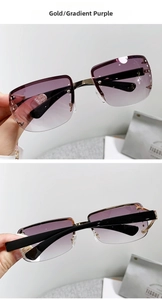 Macro detail of Y2K rimless sunglasses with purple gradient lenses and rhinestone accents