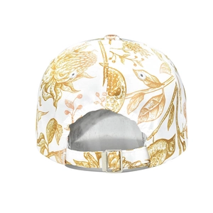 Detail of white baseball cap back showing adjustable metal buckle and floral patterns