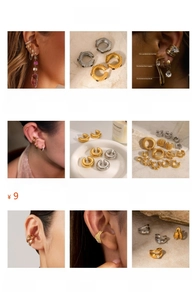 Selection of zircon titanium steel earrings and ear cuffs in minimalist gold plating