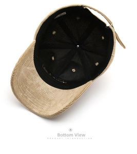 Detail of beige corduroy baseball cap with inner lining and adjustable metal buckle