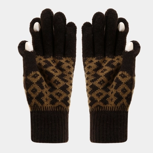 Detail of dark brown knit gloves with touch-screen opening and geometric pattern