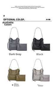 Woven PU tote bag set with matching zipper pouch in four colors: grey, black, green and silver