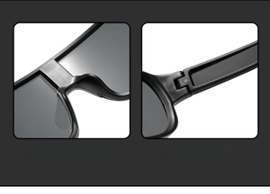 Detail of oversized cycling sunglasses featuring integrated nose pads and stable hinges