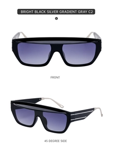 Front and 45-degree side view of square black sunglasses with silver metal temples