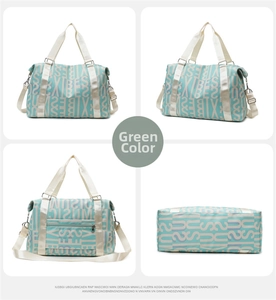 Four views of a mint green travel bag with vibes lettering and adjustable straps