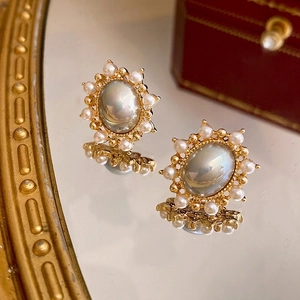 Vintage French Artificial Pearl Earrings For Women Alloy Geometric Zircon Studs With 925 Sterling Silver Earring Post Elegant