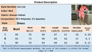 Guide des tailles détaillé pour robe courte rouge plissée à col en V et manches longues