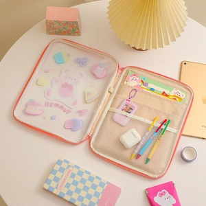 Pink cartoon tiger clear iPad sleeve with transparent PVC and multi-layer storage