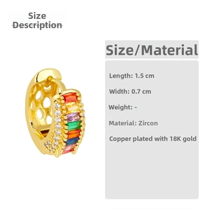 Detail of 1.5cm rainbow zircon hoop earrings with 18K gold plating and colorful stones
