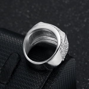 Hip hop silver steel ring with iced out micro-paved diamonds on black display