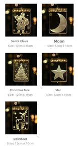 Detail showing five 3D laser LED acrylic Christmas lights with warm yellow glow