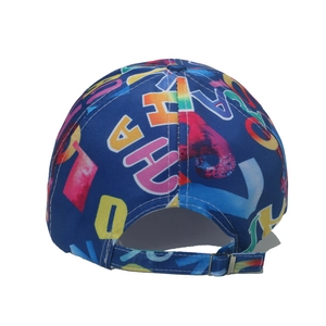 Detail view of colorful gradient letter baseball cap with silver metal adjustable buckle