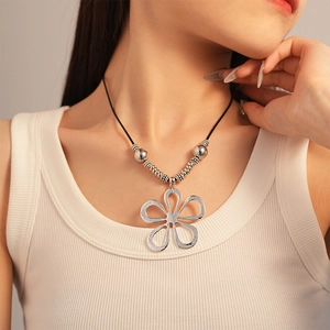 Hollow Flower Pendant Necklace Alloy Silver Tone Vintage Geometric Sweater Chain With Black Wax Cord For Women