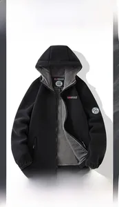 Detail of black fleece jacket showing heavy warm lining and Norwayan embroidery