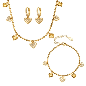 Golden heart jewelry set featuring stainless steel necklace, bracelet and hoop earrings