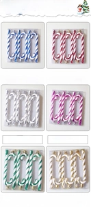 Detailed set of 6 spiraled Christmas candy cane ornaments in six various vibrant colors