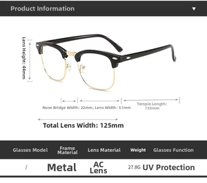 Detailed size measurement chart of retro polarized sunglasses with metal frame and AC lenses