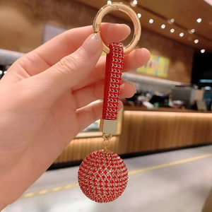 Luxury red crystal ball car keychain with golden ring and sparkling rhinestones for bags