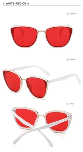 Three-angle view of white cat-eye sunglasses with red lenses and gold metal details
