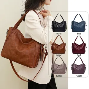 Retro faux leather large tote bag with tassel in six colors for shoulder or crossbody