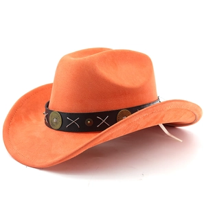 Detail of orange suede cowboy hat with black decorative band and metal studs