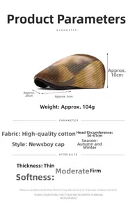 Detail of plaid newsboy hat in brown cotton with dimensions and specifications