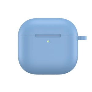 Detail of light blue silicone case for AirPods 4 with functional side lanyard hole
