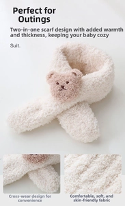 Detail of soft beige plush baby scarf with cute bear patch and cozy fleece lining