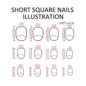 Detailed size chart for short square press-on nails with various widths and lengths