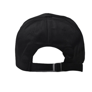 Rear view of black baseball cap featuring adjustable metal buckle and neat stitching