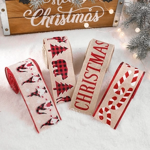 Festive Christmas burlap ribbon set with gnomes and plaid patterns on faux snow