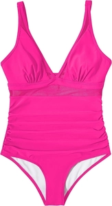 Detail of fuchsia one-piece swimsuit featuring mesh panels and ruched tummy control fabric